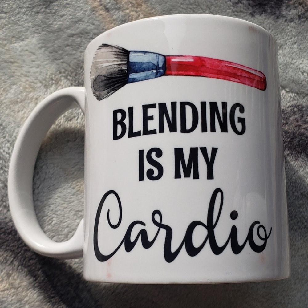 White Mug with Red and Blue Makeup Brush "Blending is my cardio"